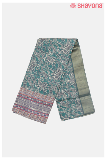 Teal Green Cotton Saree With Printed Jaal