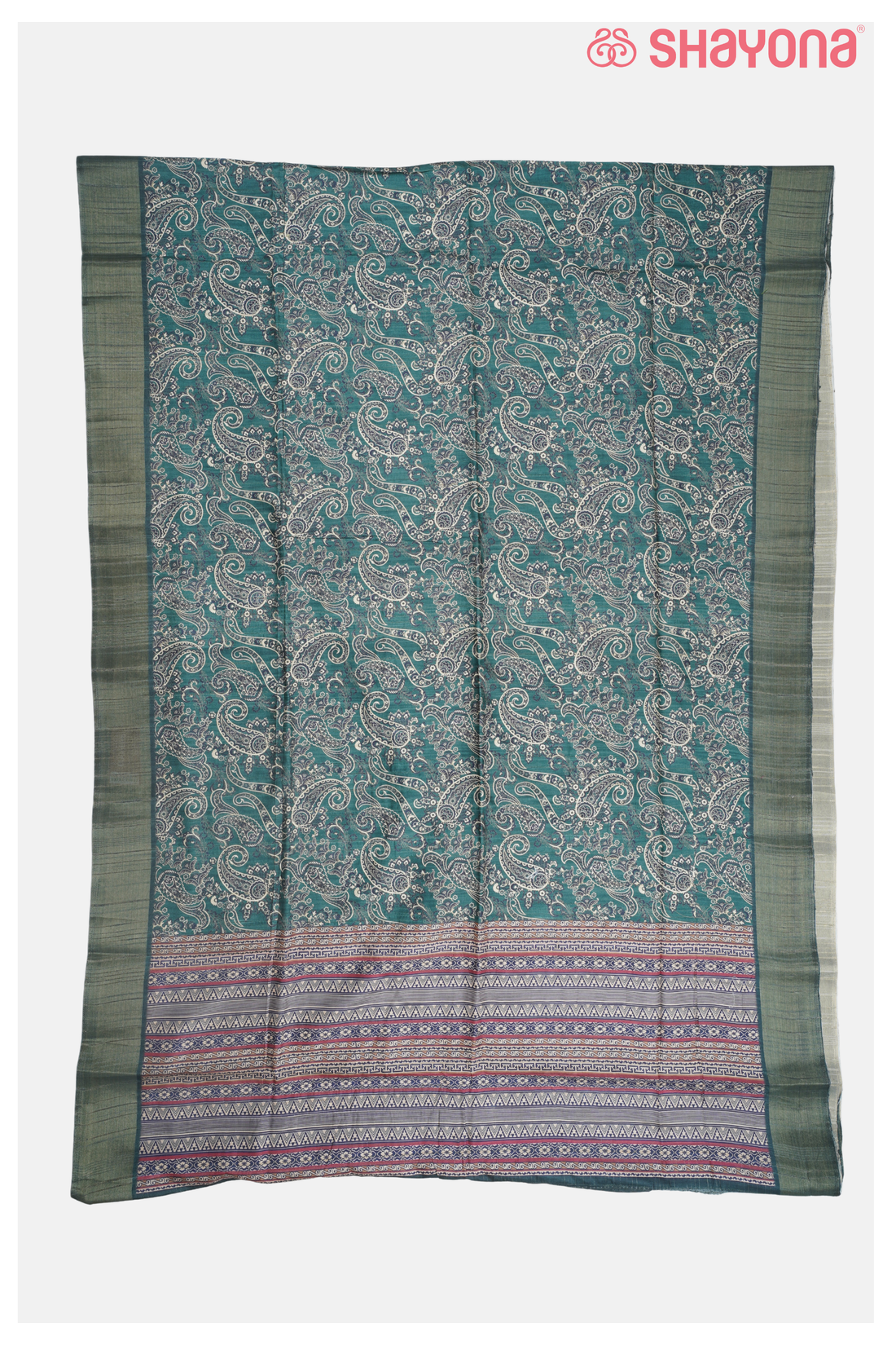 Teal Green Cotton Saree With Printed Jaal