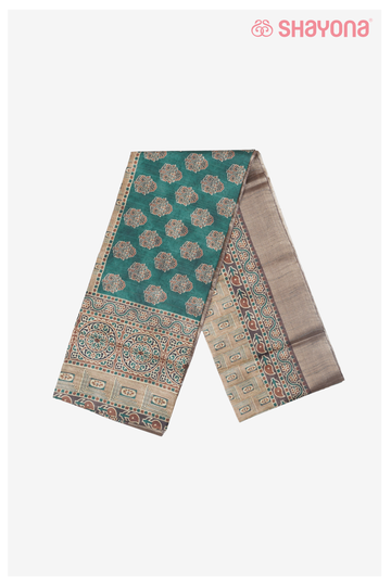 Dark Cyan Premium Cotton Saree With Printed Butta
