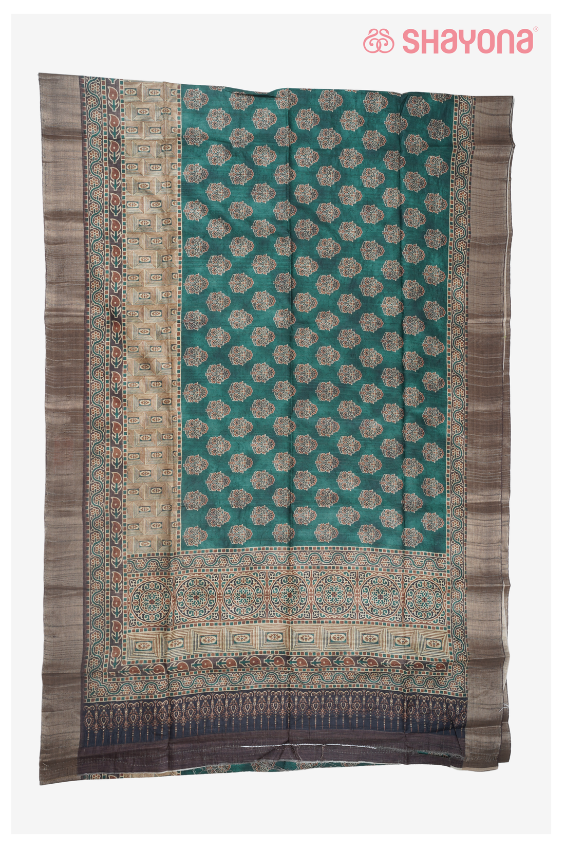 Dark Cyan Premium Cotton Saree With Printed Butta