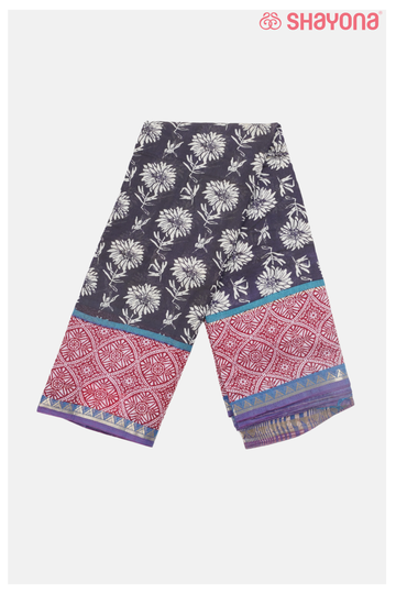 Black Floral Printed Cotton Saree