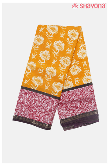 Mustard Floral Printed Cotton Saree