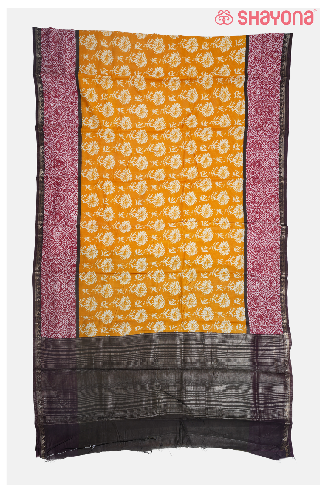 Mustard Floral Printed Cotton Saree