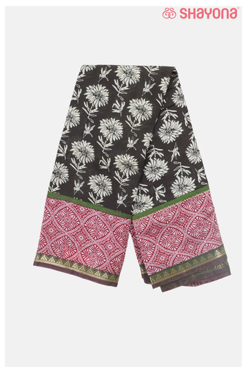 Black Green Printed Cotton Saree