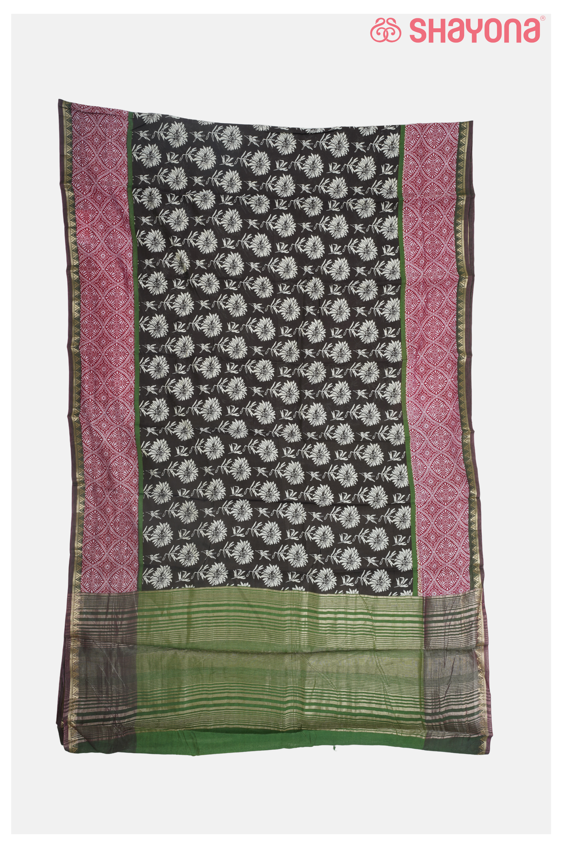 Black Green Printed Cotton Saree