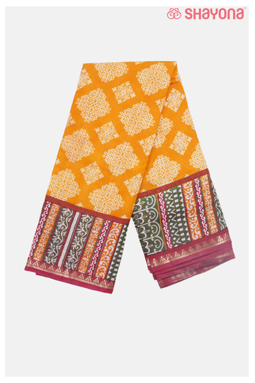 Mustard Yellow Printed Cotton Saree