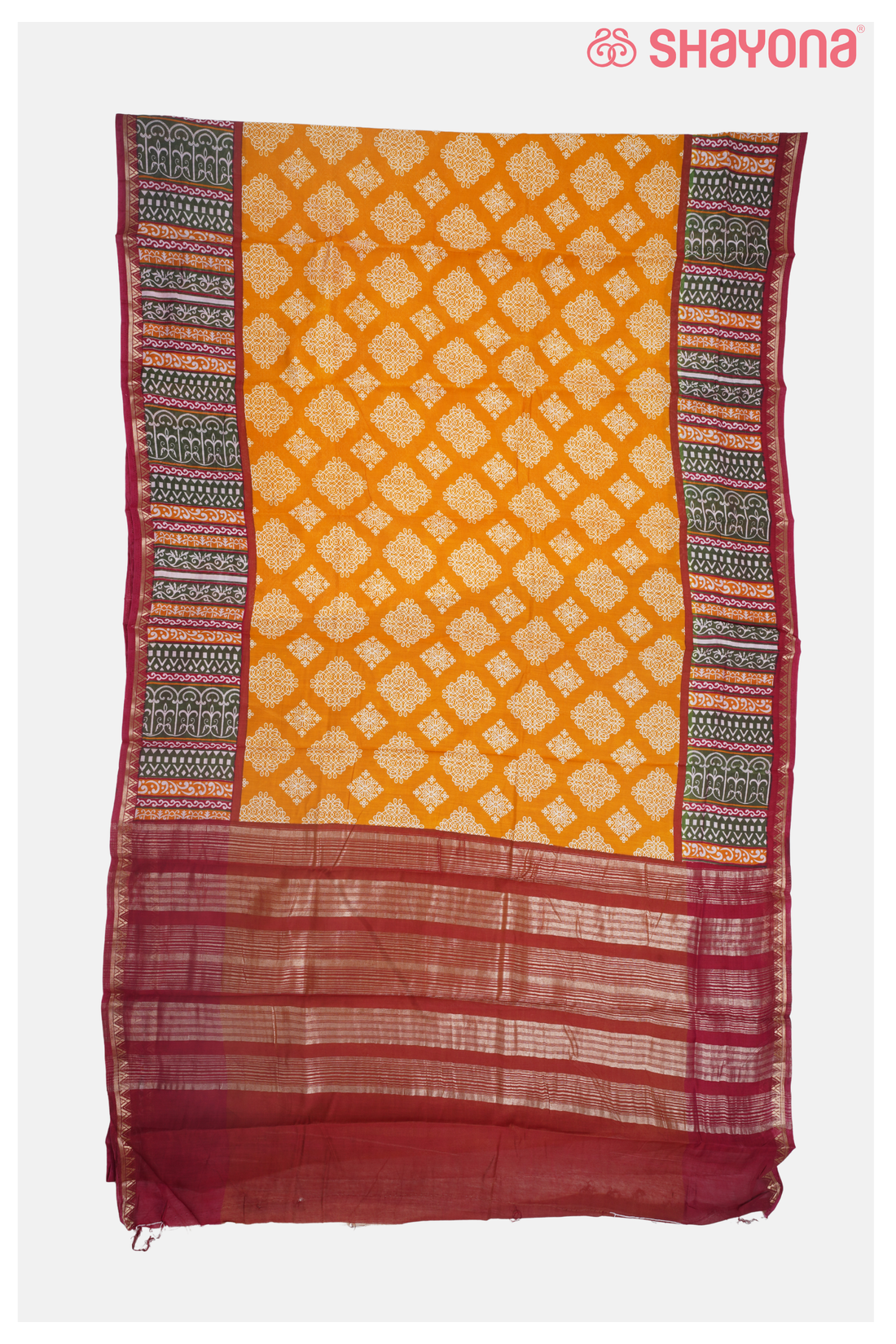 Mustard Yellow Printed Cotton Saree