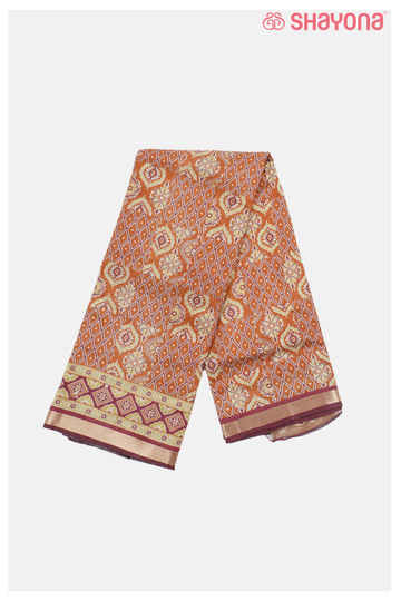 Orange  Floral And Geometric Pattern Printed Cotton Saree