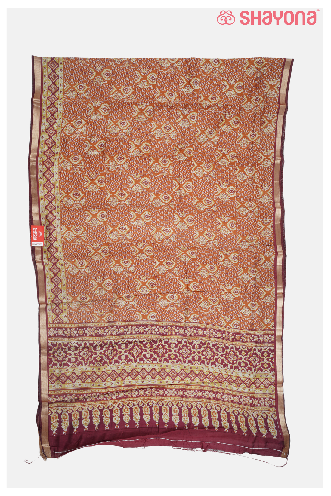 Orange  Floral And Geometric Pattern Printed Cotton Saree