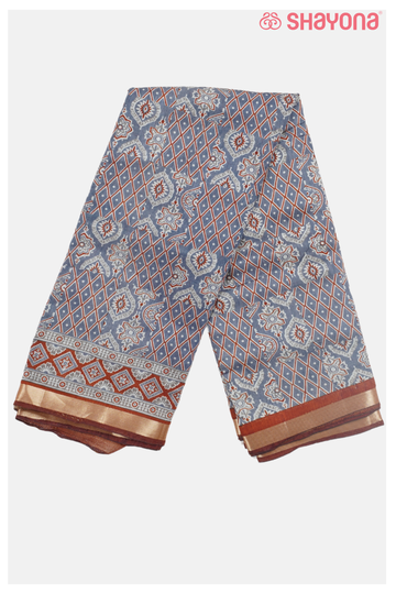Steel Blue Printed Cotton Saree
