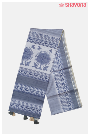 Slate Blue Printed Cotton Saree
