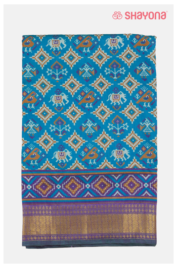 Trending Peacock Printed Blue Patola Cotton Saree