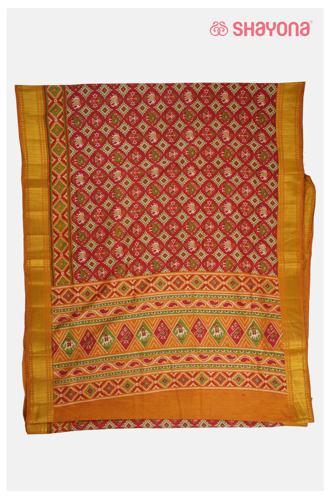 Royal Coral Red Printed Patola Cotton Saree