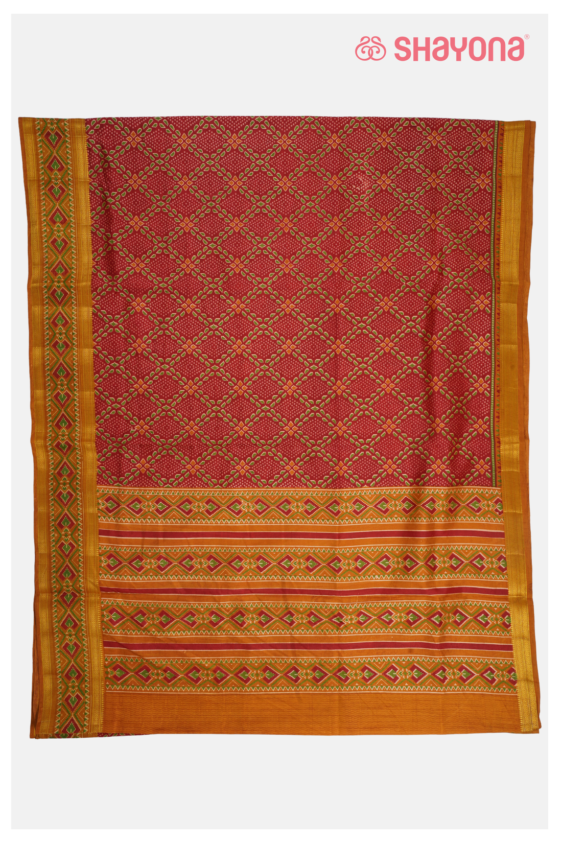 Glossy Rust  Red Printed Patola Cotton Saree