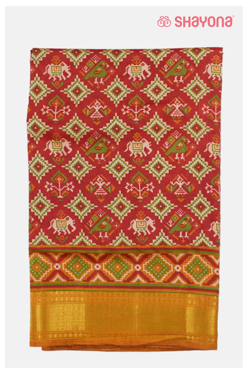 Glossy Rust  Red Patola Saree,Cotton Saree With Printed
