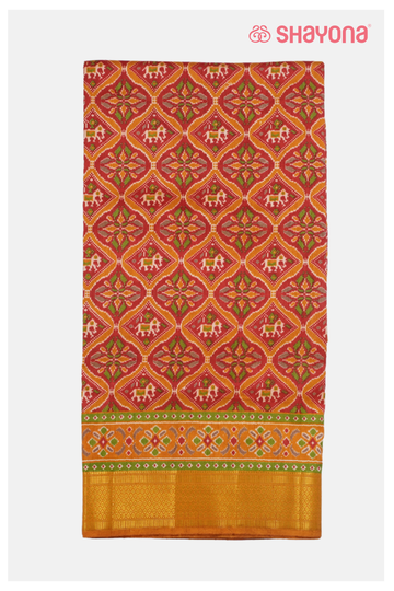 Designer Rust Red Printed Patola Cotton Saree With