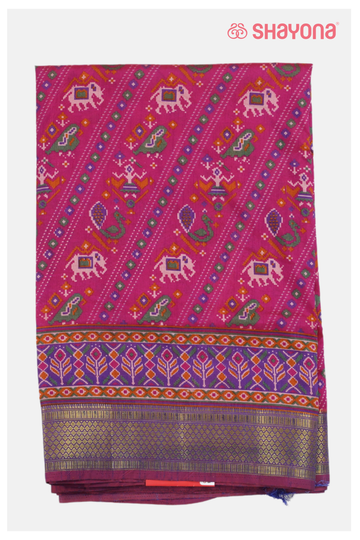 Glossy Violet Red Printed Patola Cotton Saree
