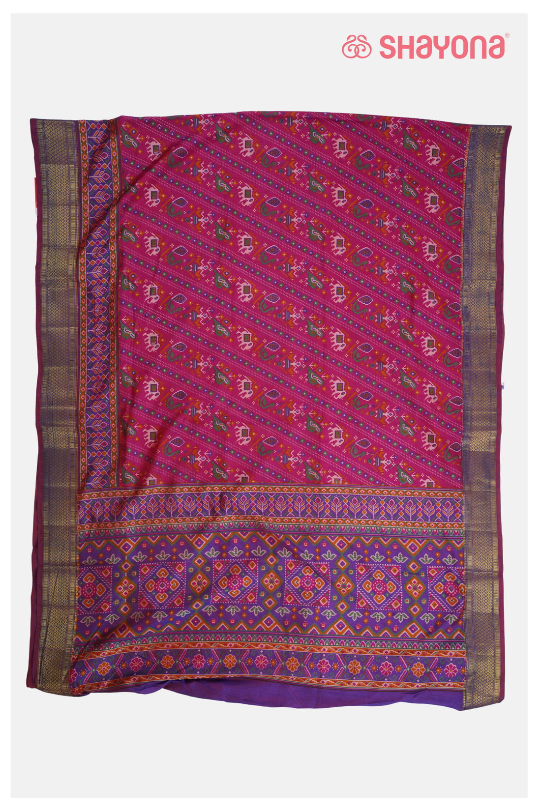 Glossy Violet Red Printed Patola Cotton Saree