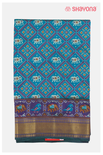 Glossy Aqua Blue Printed Patola Cotton Saree
