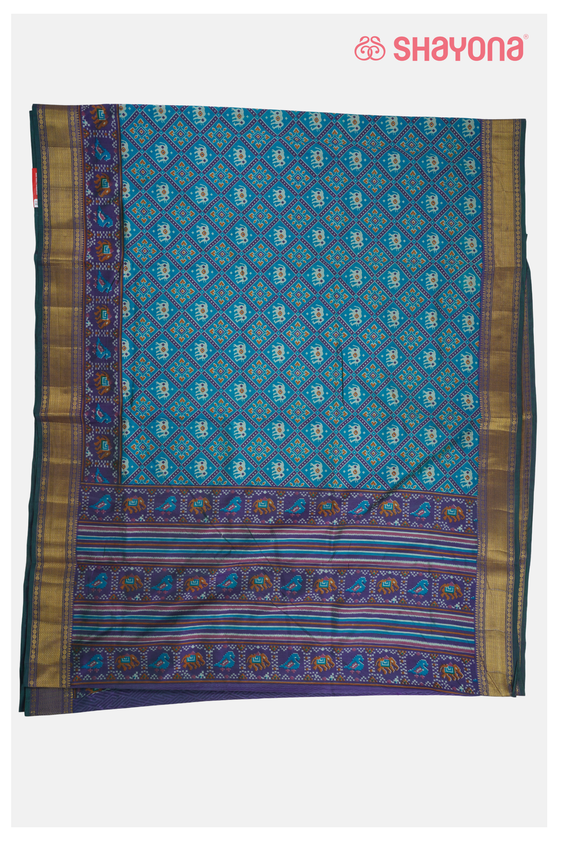 Glossy Aqua Blue Printed Patola Cotton Saree