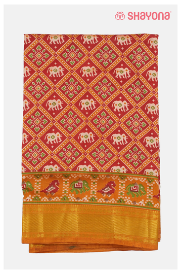 Glossy Red Printed Patola Cotton Saree