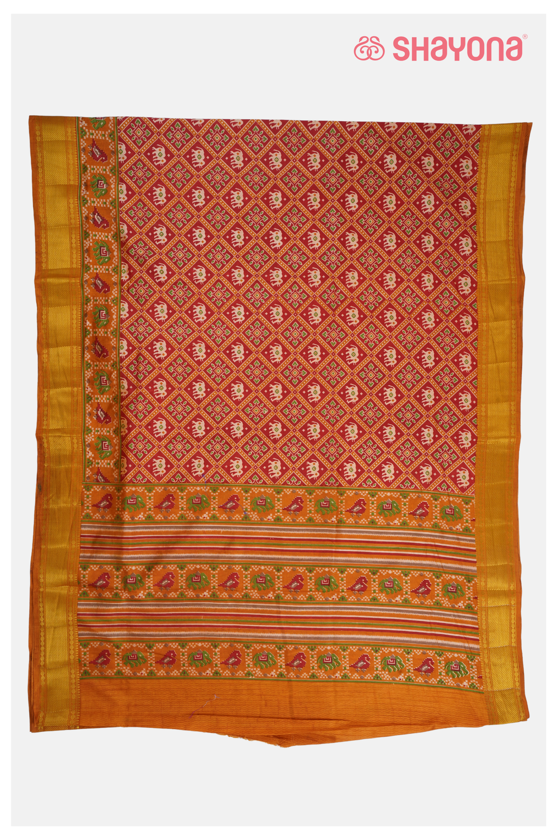Glossy Red Printed Patola Cotton Saree