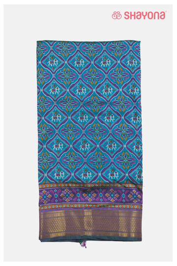 Trending Teal Blue Printed Patola Cotton Saree