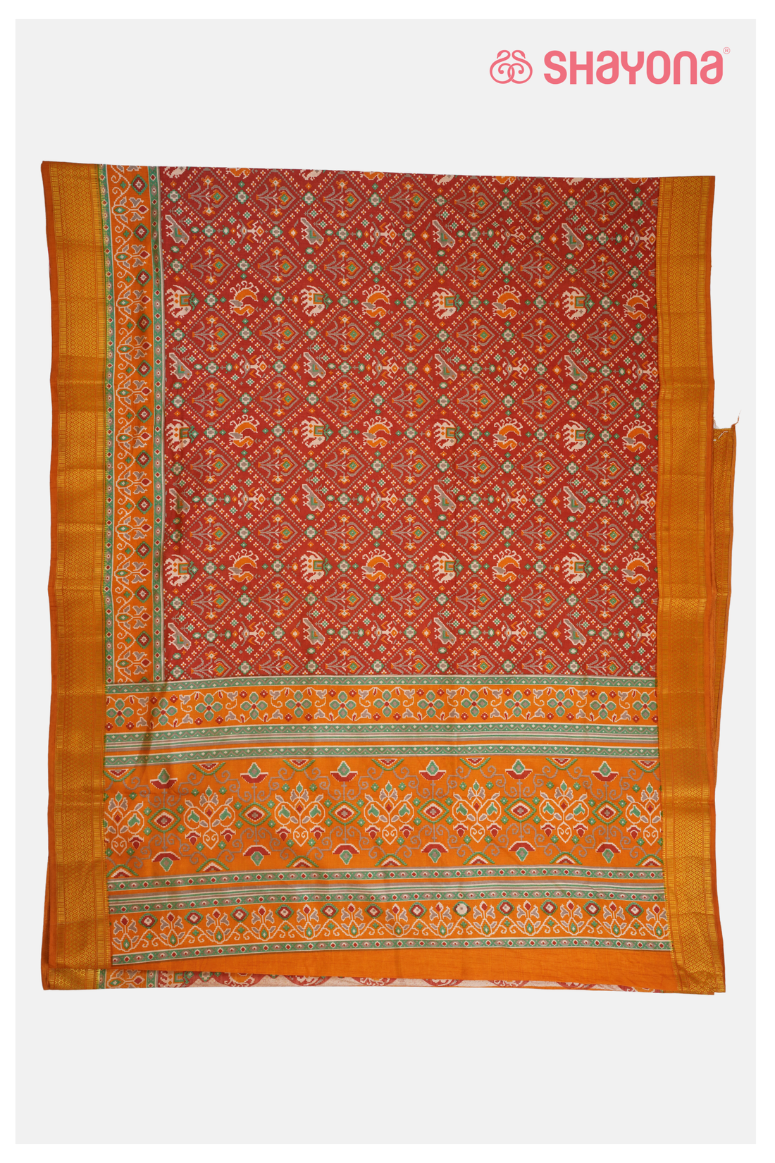 Glossy Rust Printed Patola Cotton Saree