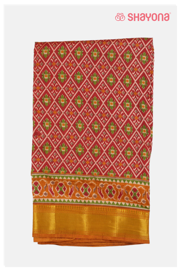 Glossy Crimson Red Printed Patola Cotton Saree With