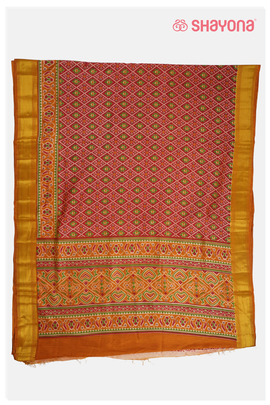 Glossy Crimson Red Printed Patola Cotton Saree With