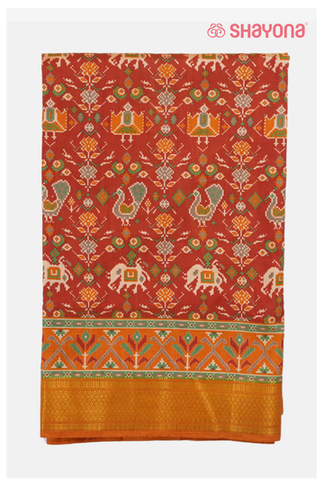 Glossy Rust Printed Patola Cotton Saree With