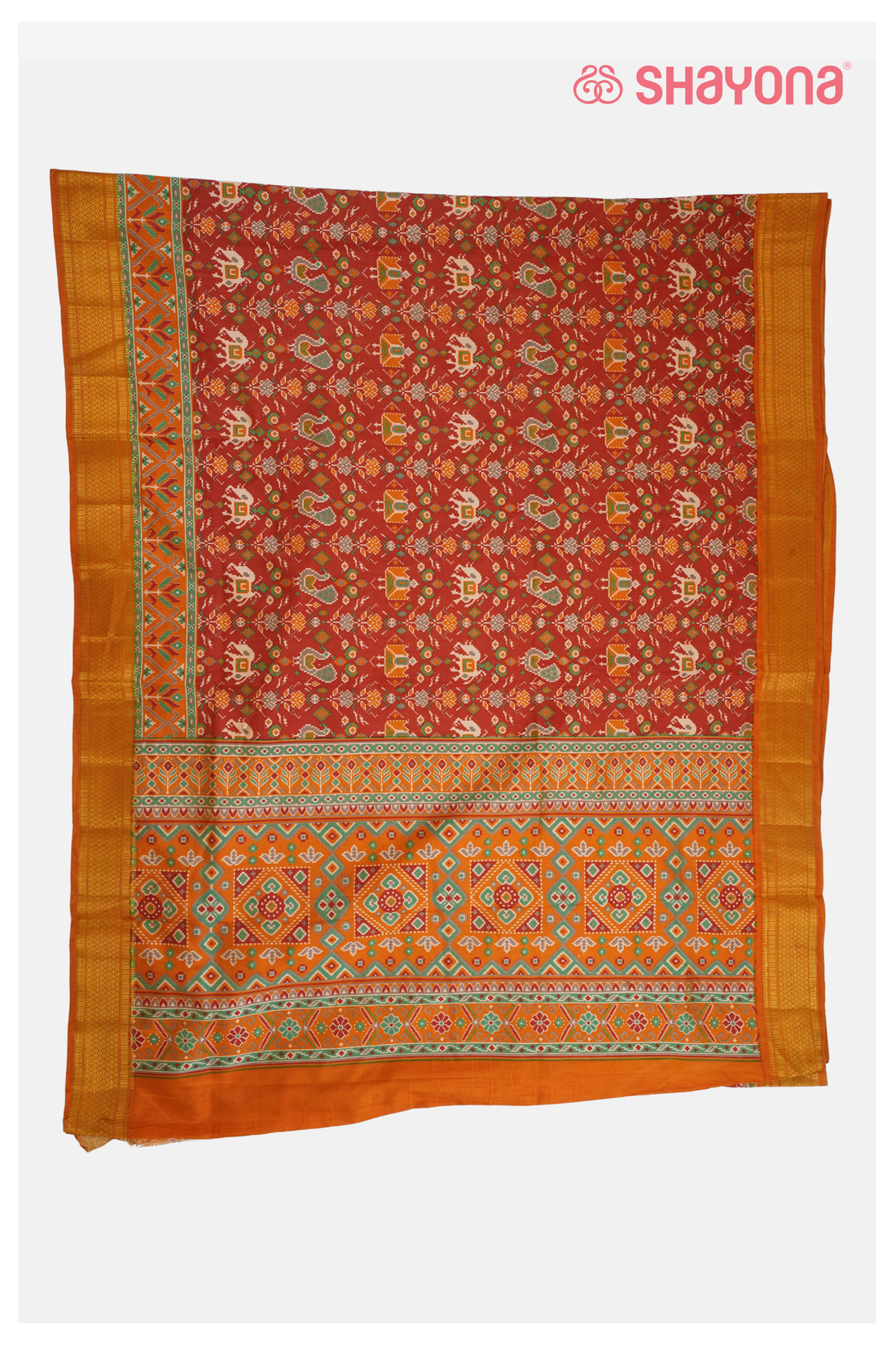 Glossy Rust Printed Patola Cotton Saree With