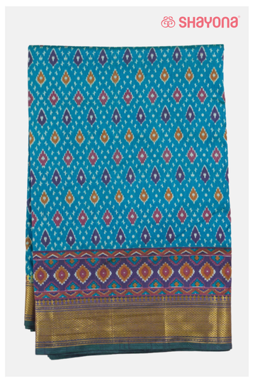 Glossy Aqua Blue Printed Patola Cotton Saree