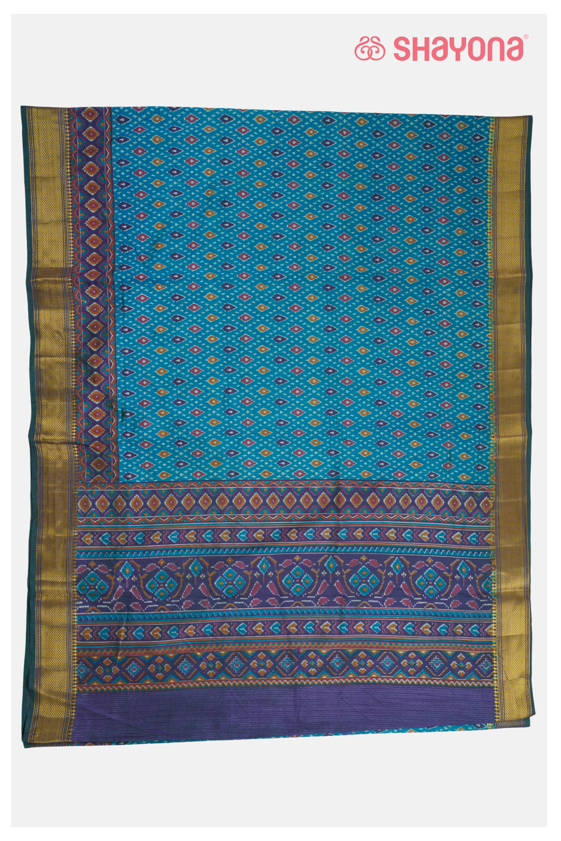 Glossy Aqua Blue Printed Patola Cotton Saree