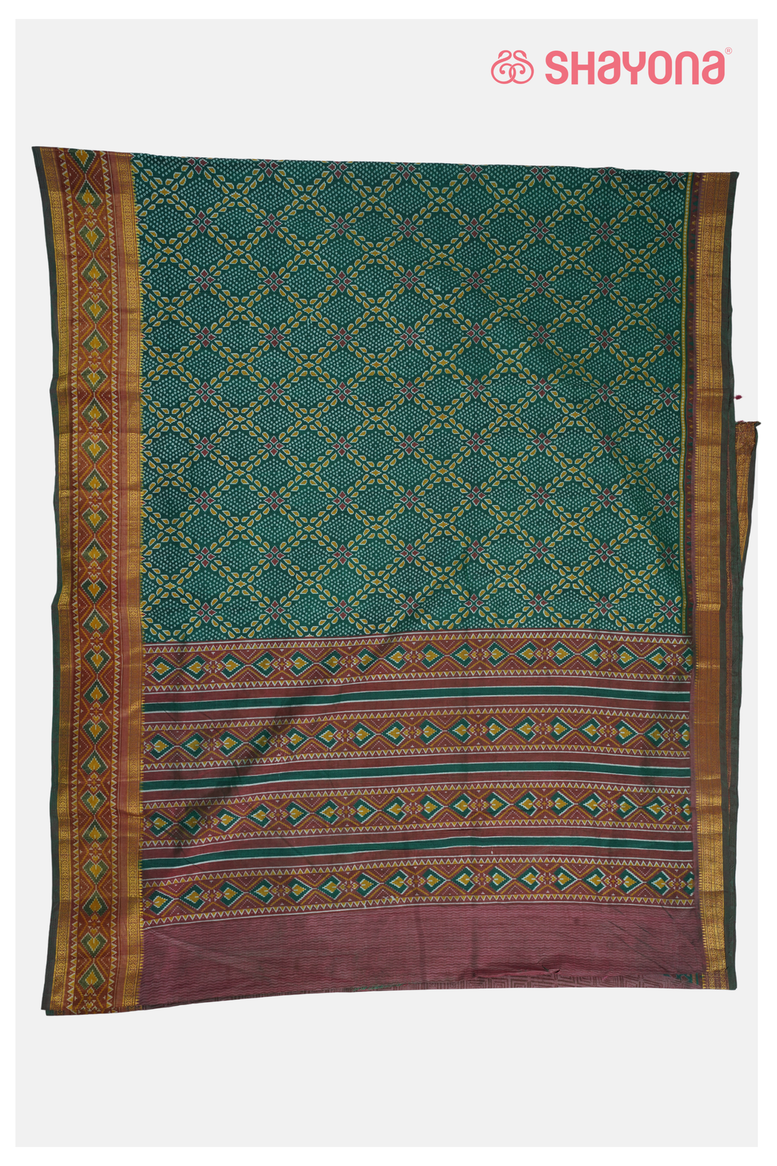 Glossy Bottle Green Printed Patola Cotton Saree