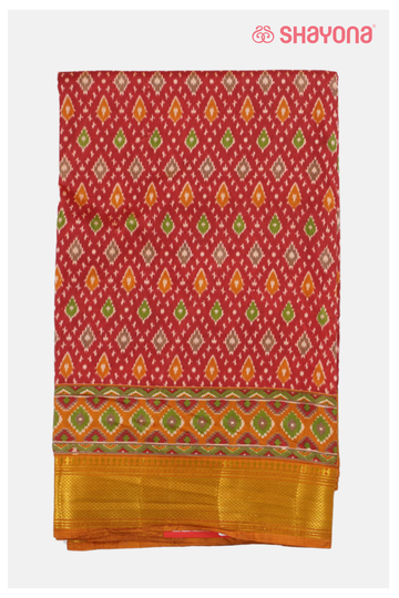Glossy Rust Red Printed Patola Cotton Saree