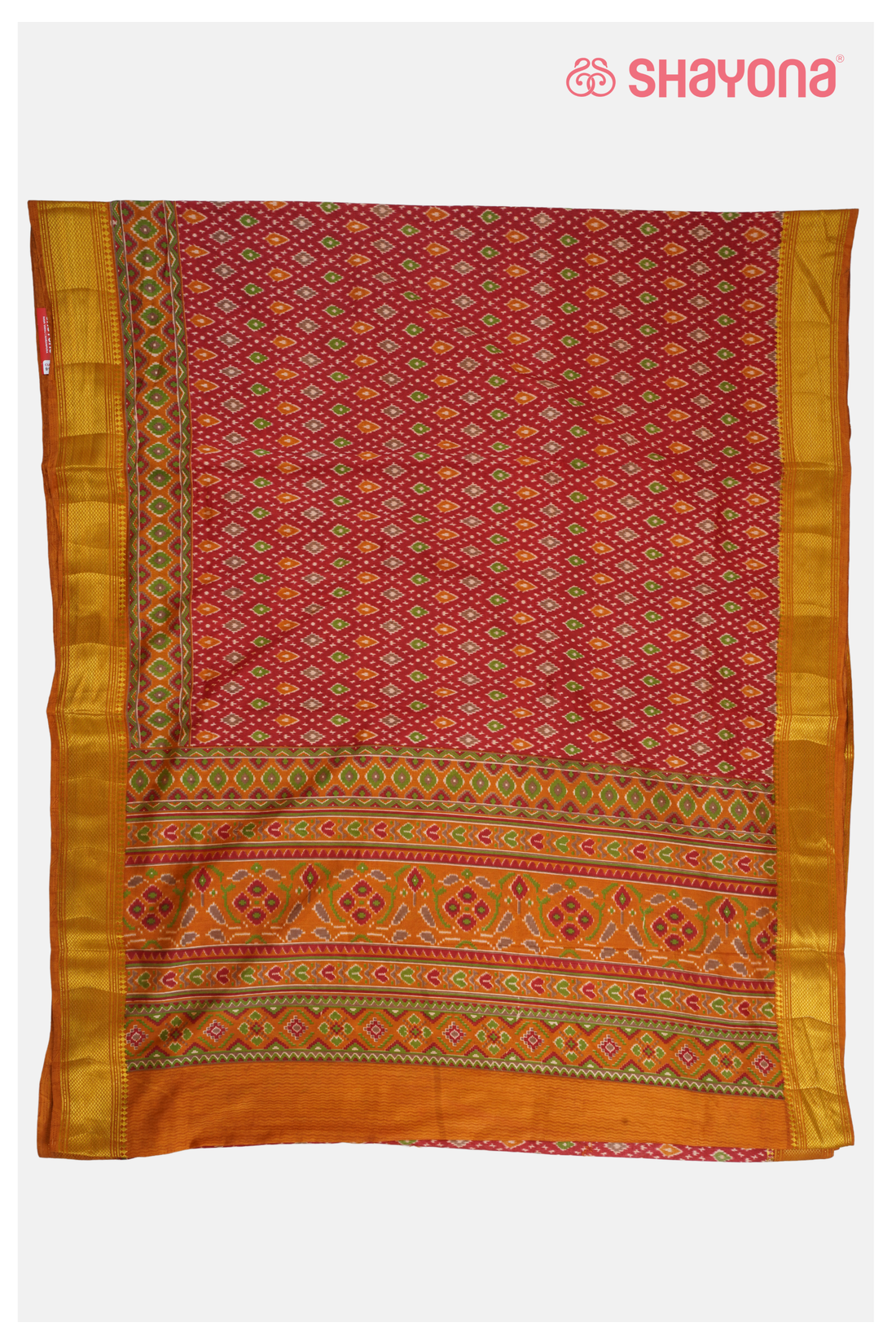 Glossy Rust Red Printed Patola Cotton Saree