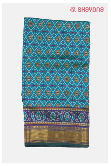 Glossy Teal Printed Patola Cotton Saree