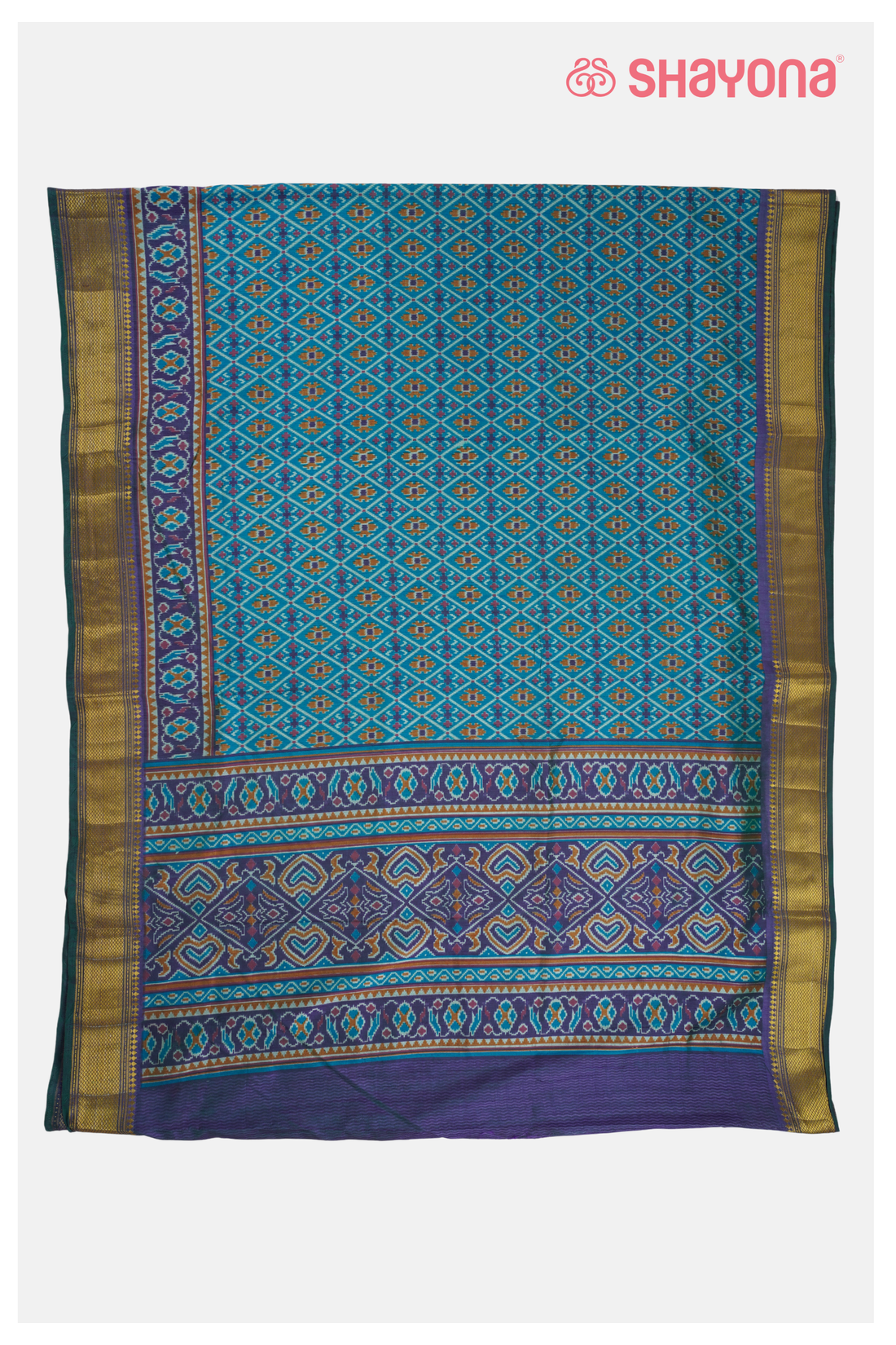 Glossy Teal Printed Patola Cotton Saree