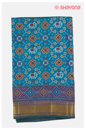 Glossy Teal Blueprinted Patola Cotton Saree