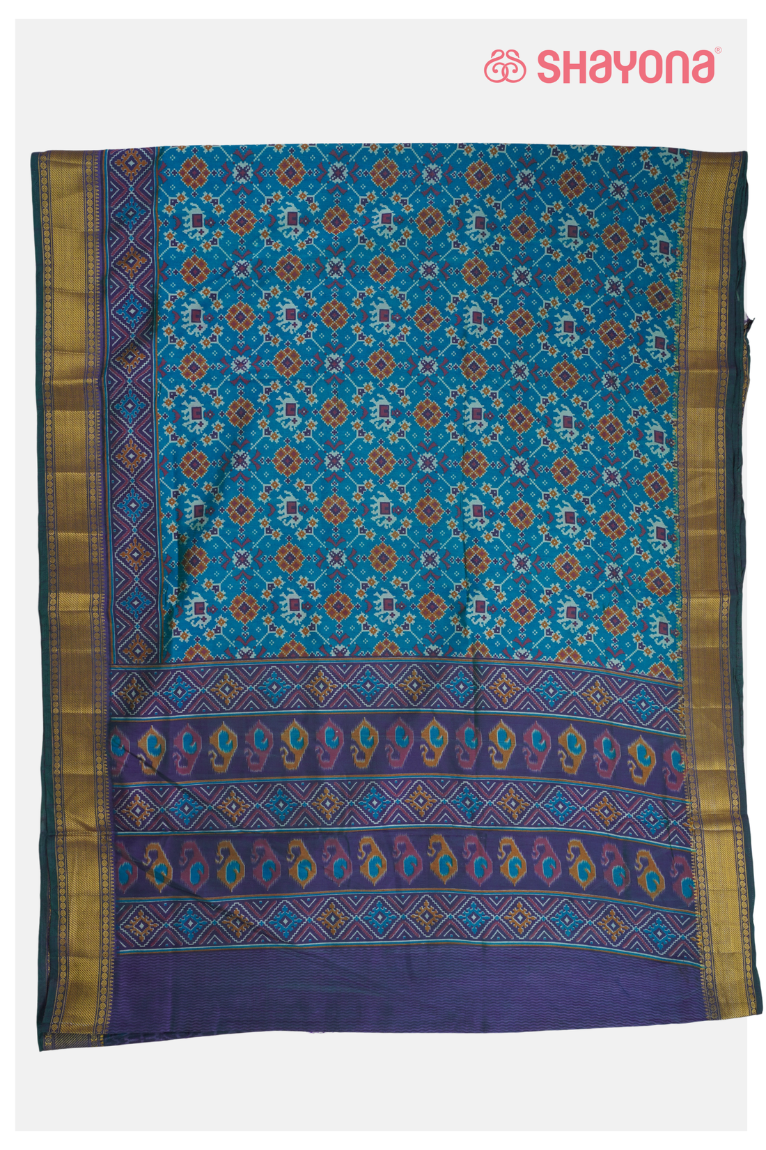 Glossy Teal Blueprinted Patola Cotton Saree