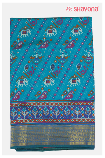 Glossy Teal Printed Patola Cotton Saree