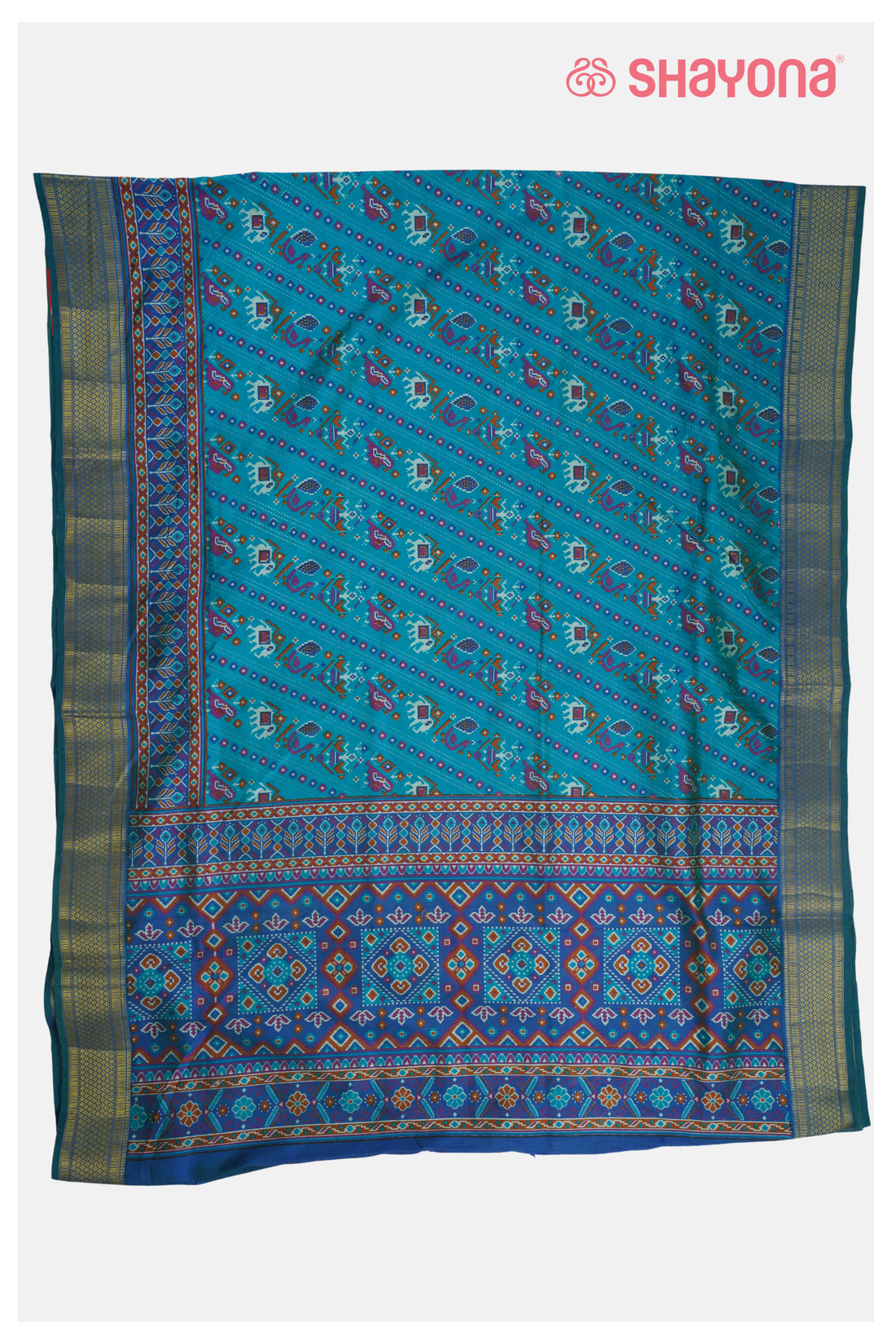 Glossy Teal Printed Patola Cotton Saree