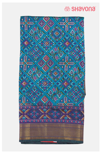 Royal Teal Blue Printed Patola Cotton Saree
