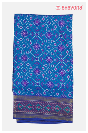 Glossy Teal Blue Printed Patola Cotton Saree