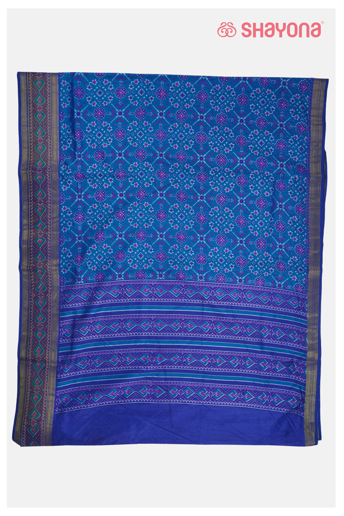 Glossy Teal Blue Printed Patola Cotton Saree