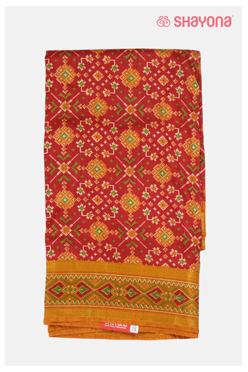 Glossy Red Printed Patola Cotton Saree With