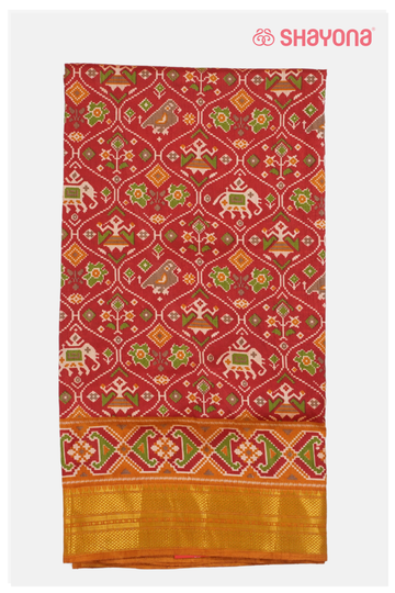 Glossy Rust Red Printed Patola Cotton Saree