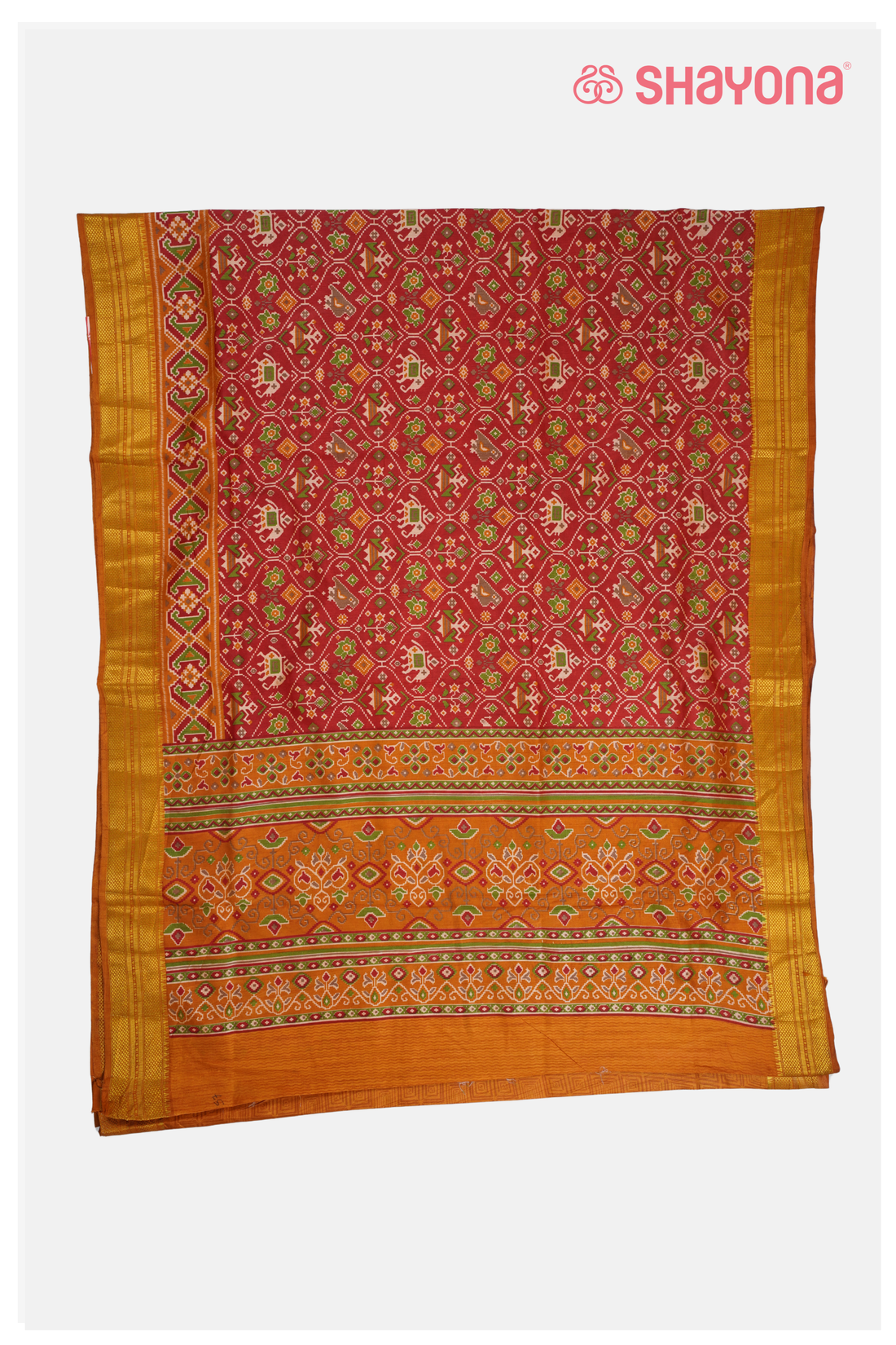 Glossy Rust Red Printed Patola Cotton Saree