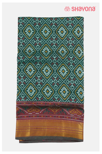 Glossy Bottle Green Printed Patola Cotton Saree